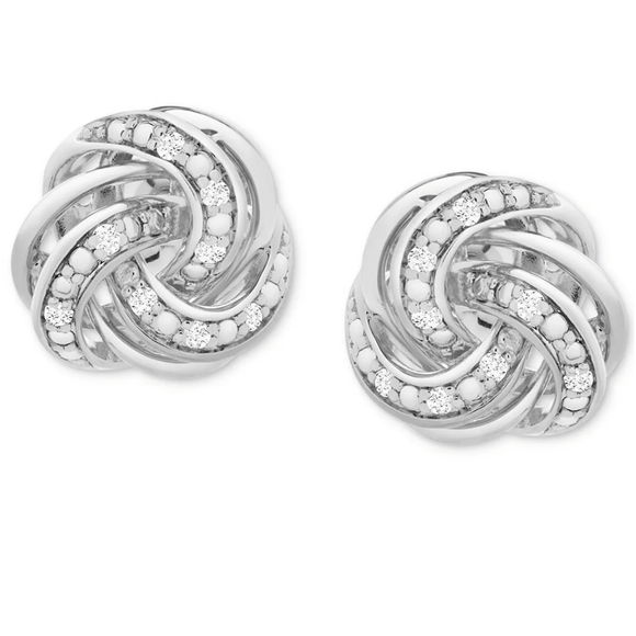 Diamond and Sterling Silver Love Knot Stud Earrings - Picture 2 of 3